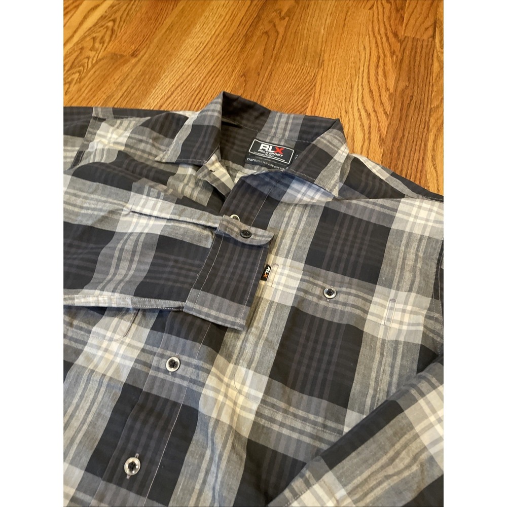 RLX Polo Sport Men Button Up Shirt Sz L Gray Black Plaid Long Sleeve Performance